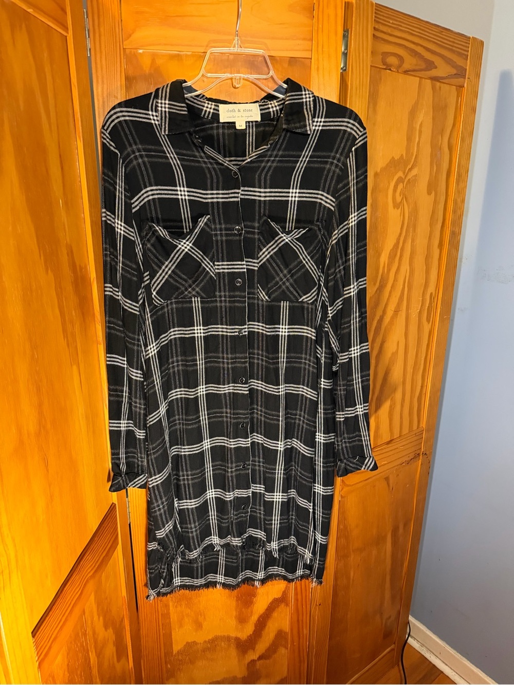 cloth & stone Black and White Plaid Button-Front Shirt Dress| Size M